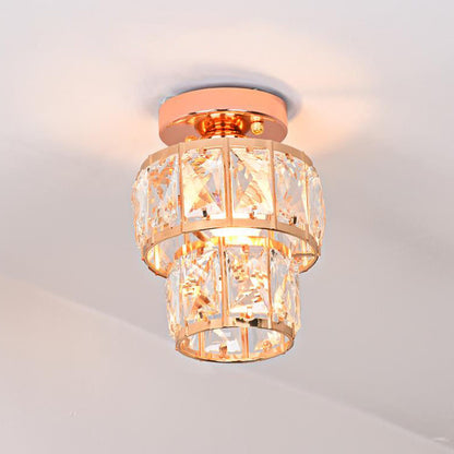 Contemporary Luxury Stainless Steel Frame Double Crystal Rings 1-Light Semi-Flush Mount Ceiling Light For Living Room