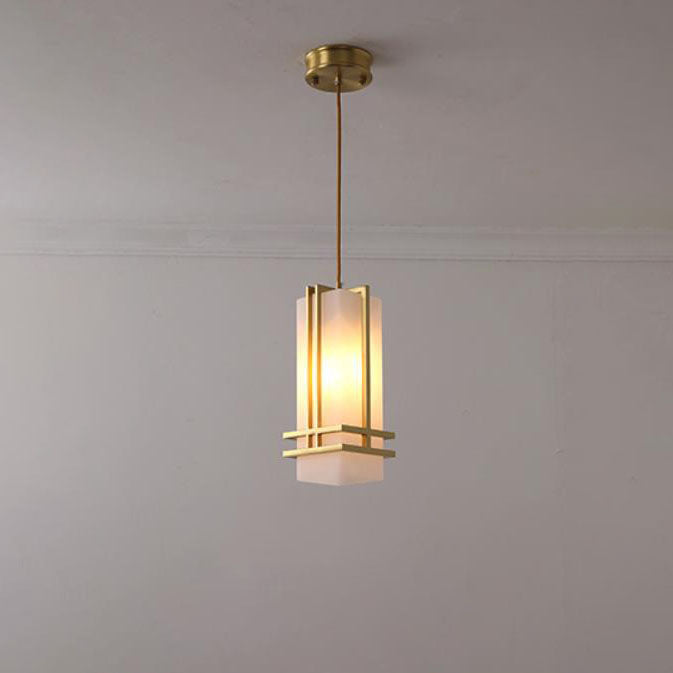 Traditional Chinese Copper Framed Glass Shade 1-Light Pendant Light For Living Room