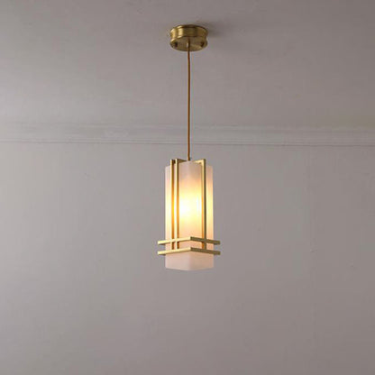 Traditional Chinese Copper Framed Glass Shade 1-Light Pendant Light For Living Room