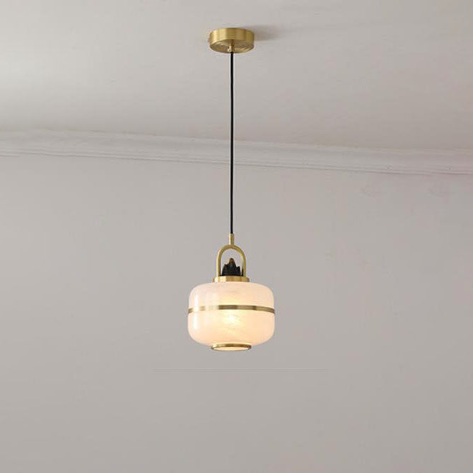Traditional Chinese Copper Framed Glass Shade 1-Light Pendant Light For Living Room