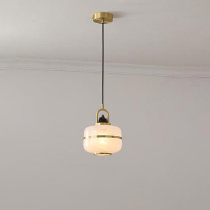 Traditional Chinese Copper Framed Glass Shade 1-Light Pendant Light For Living Room