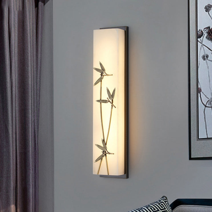 Traditional Chinese Copper Marble Cubic Bamboo Leaf Lotus Flower Ginkgo Biloba LED Wall Sconce Lamp For Bedside