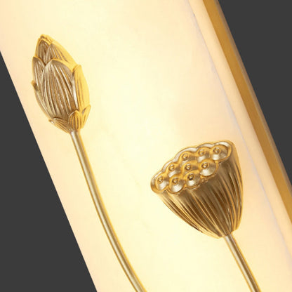 Traditional Chinese Copper Marble Cubic Bamboo Leaf Lotus Flower Ginkgo Biloba LED Wall Sconce Lamp For Bedside