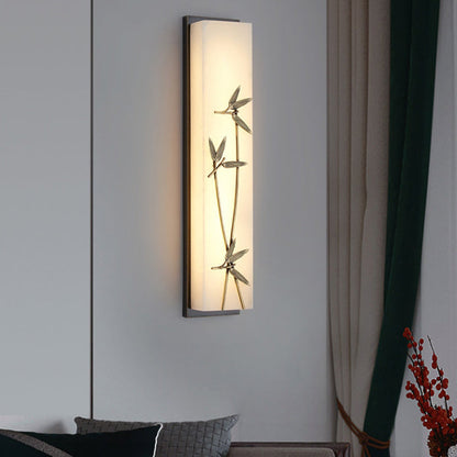 Traditional Chinese Copper Marble Cubic Bamboo Leaf Lotus Flower Ginkgo Biloba LED Wall Sconce Lamp For Bedside
