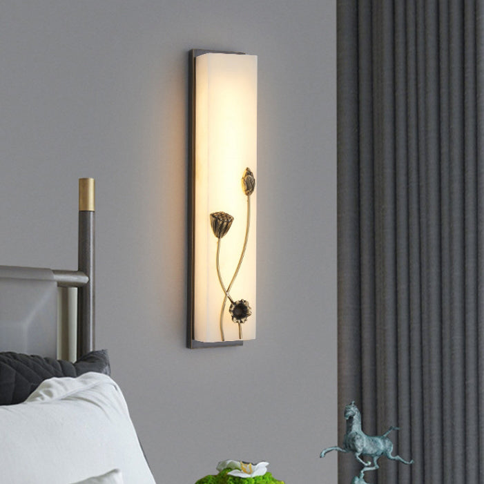 Traditional Chinese Copper Marble Cubic Bamboo Leaf Lotus Flower Ginkgo Biloba LED Wall Sconce Lamp For Bedside