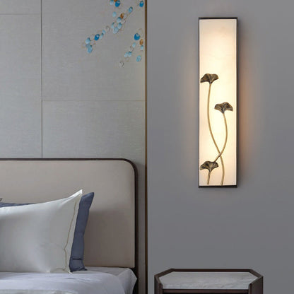 Traditional Chinese Copper Marble Cubic Bamboo Leaf Lotus Flower Ginkgo Biloba LED Wall Sconce Lamp For Bedside