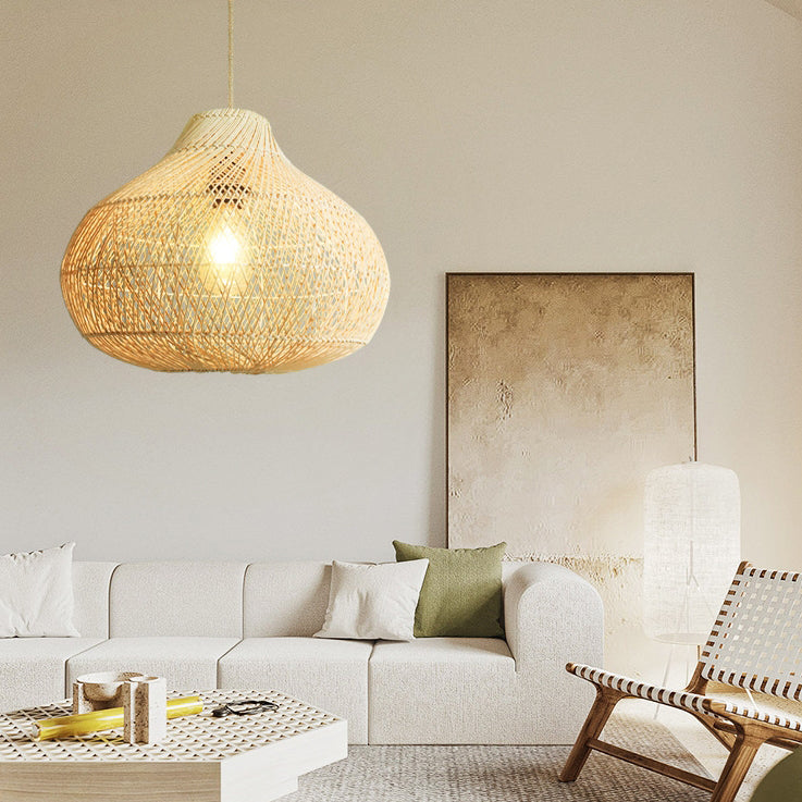 Traditional Chinese Round Weaving Wood 1-Light Pendant Light For Dining Room