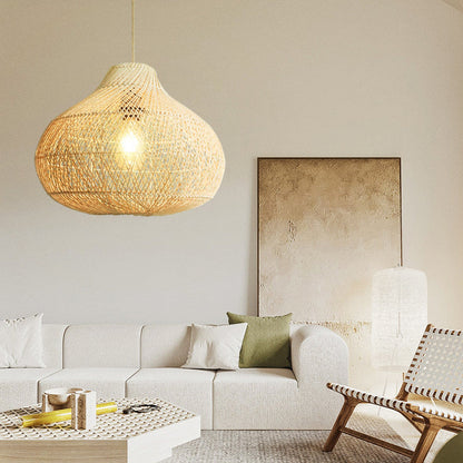 Traditional Chinese Round Weaving Wood 1-Light Pendant Light For Dining Room