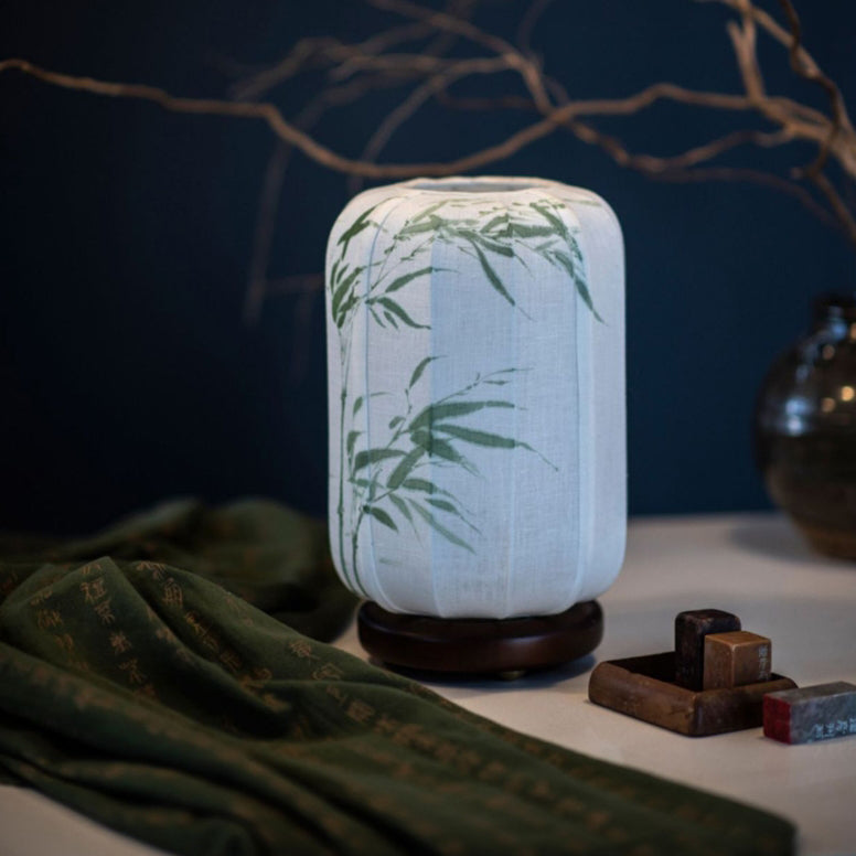 Traditional Chinese Wood Cotton Hemp Cylinder Bamboo Leaf 1-Light Table Lamp For Bedside