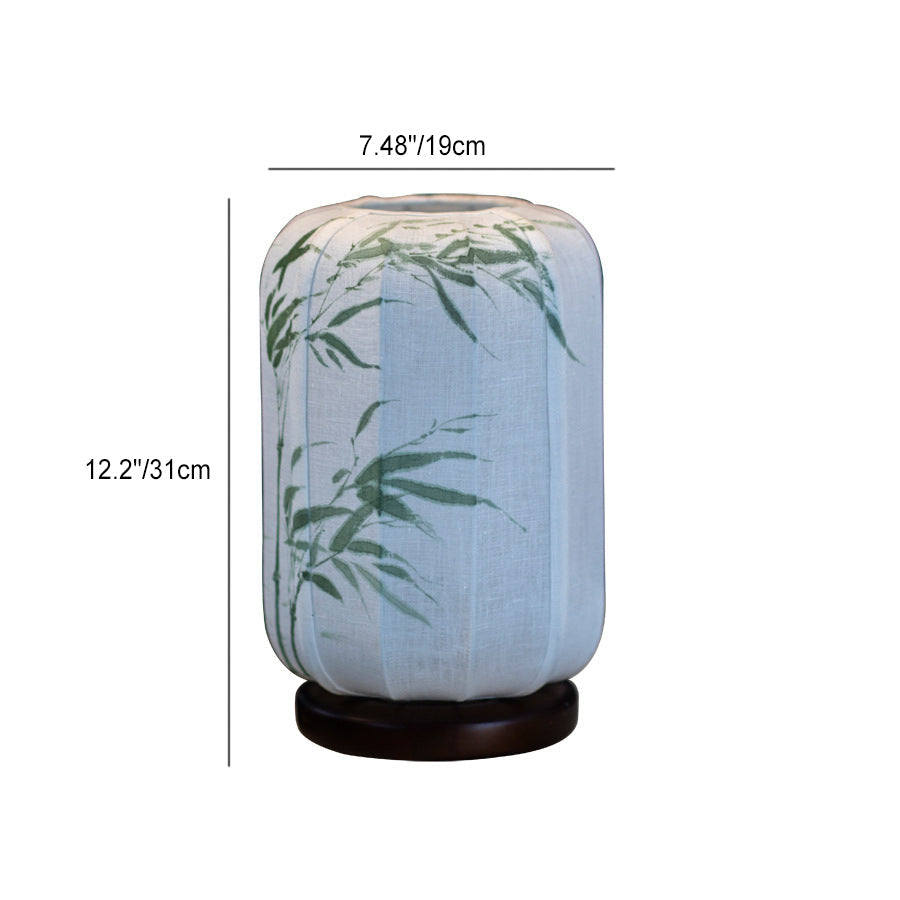Traditional Chinese Wood Cotton Hemp Cylinder Bamboo Leaf 1-Light Table Lamp For Bedside