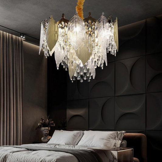 Contemporary Luxury Leaf Crystal Glass Iron Ceramic 9/15/16 Light Chandelier For Living Room