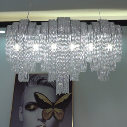 Contemporary Luxury Rectangular Fringe Crystal Stainless Steel 9/11/13 Light Island Light Chandelier For Dining Room