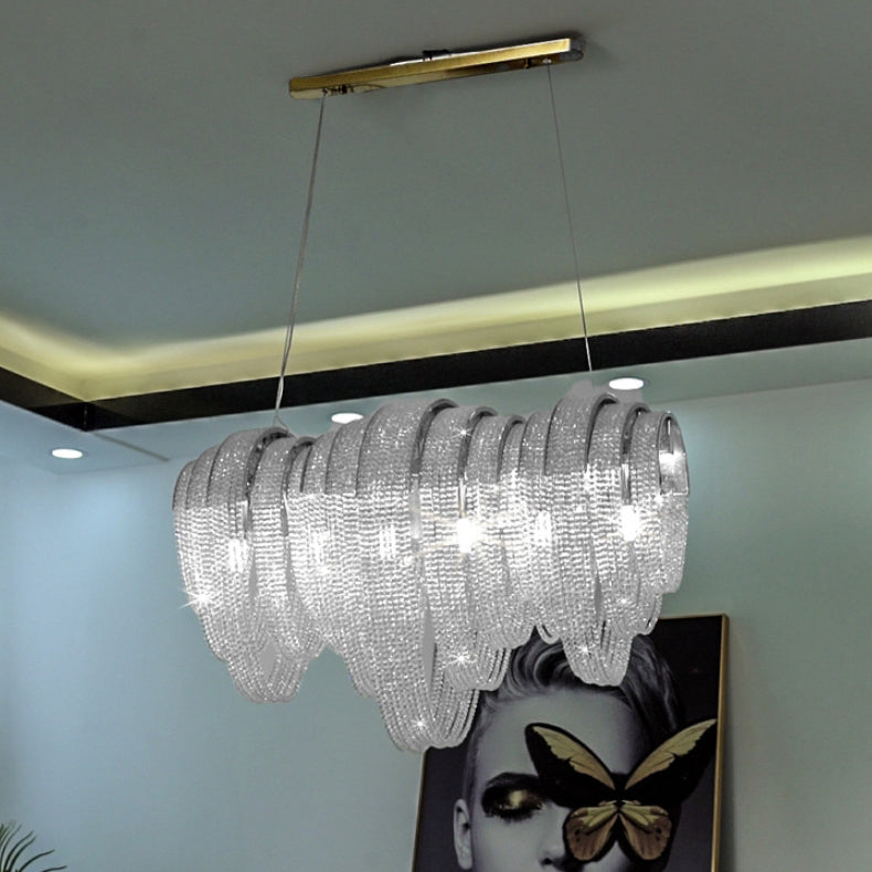 Contemporary Luxury Rectangular Fringe Crystal Stainless Steel 9/11/13 Light Island Light Chandelier For Dining Room