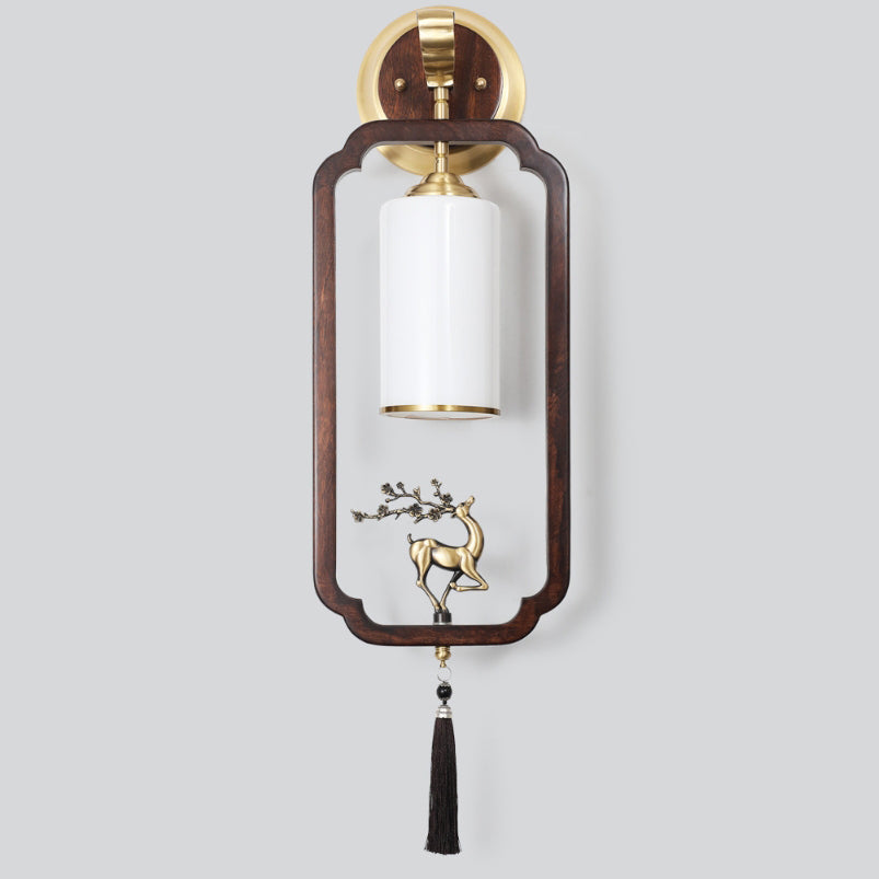 Traditional Chinese Brass Rubber Wood Glass Rectangular Cylinder Deer 1-Light Wall Sconce Lamp For Hallway