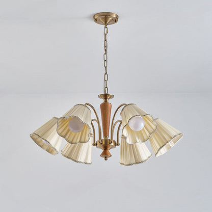 Traditional French Branch Floral Fabric Rubberwood Iron 3/6/8 Light Chandelier For Bedroom