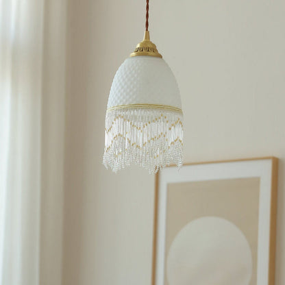 Traditional European Oval Tassel Glass Copper 1-Light Pendant Light For Bedroom