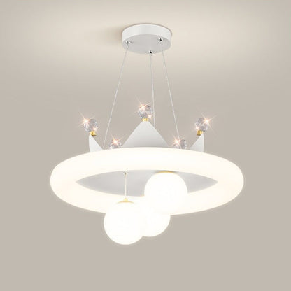 Contemporary Creative Crystal Crown PE Round Shade LED Chandelier For Bedroom