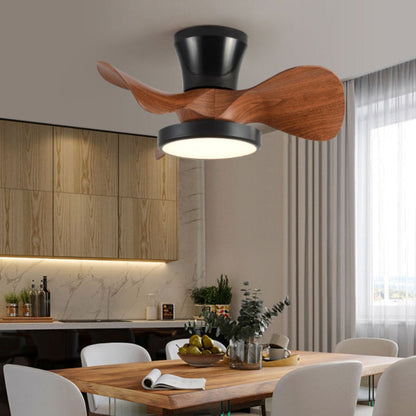 Contemporary Industrial Round Wood Grain Acrylic ABS LED Semi-Flush Mount Ceiling Fan Light For Living Room