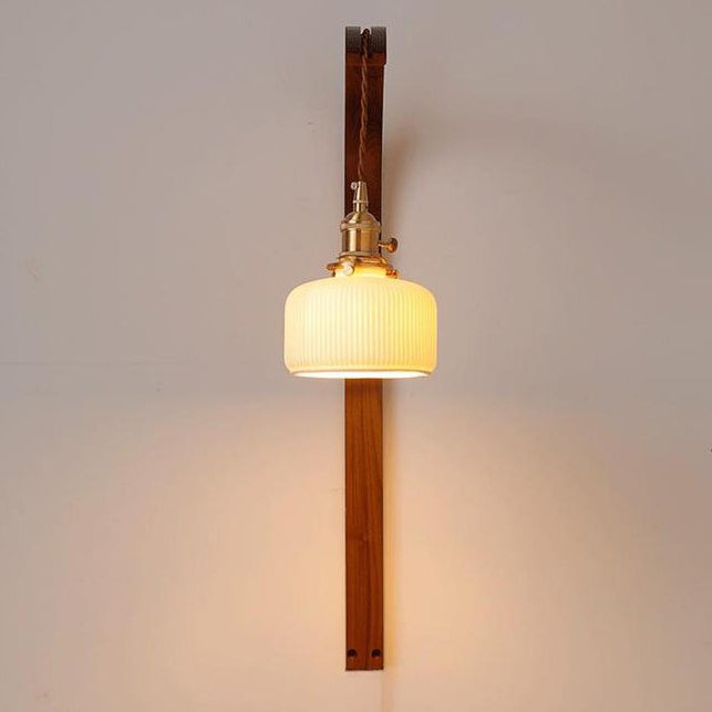 Traditional Japanese Round Ceramic Glass Shade Wood Curved Pole 1-Light Wall Sconce Lamp For Living Room