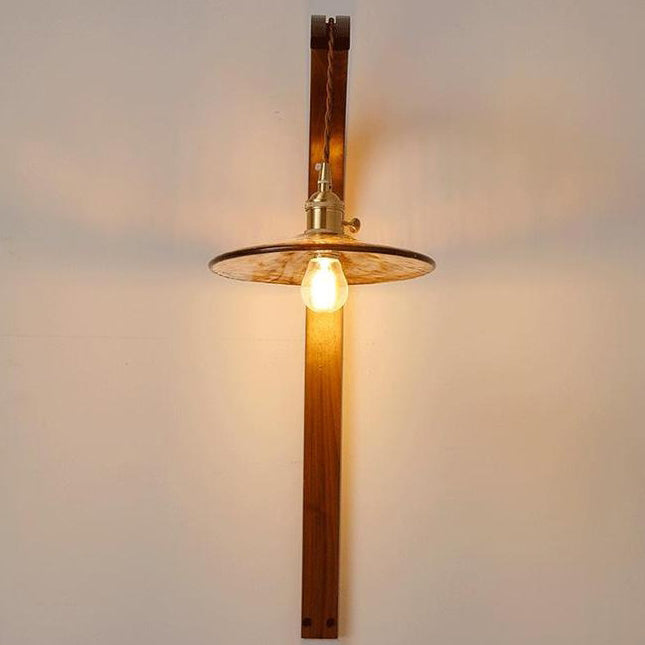 Traditional Japanese Round Ceramic Glass Shade Wood Curved Pole 1-Light Wall Sconce Lamp For Living Room