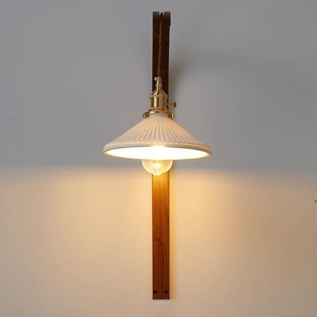 Traditional Japanese Round Ceramic Glass Shade Wood Curved Pole 1-Light Wall Sconce Lamp For Living Room