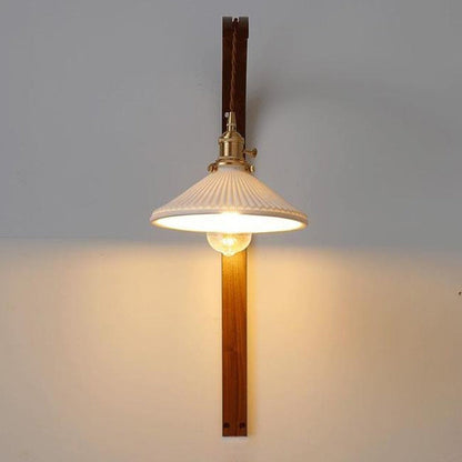 Traditional Japanese Round Ceramic Glass Shade Wood Curved Pole 1-Light Wall Sconce Lamp For Living Room