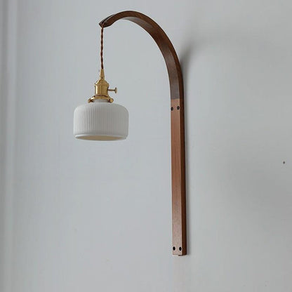 Traditional Japanese Round Ceramic Glass Shade Wood Curved Pole 1-Light Wall Sconce Lamp For Living Room