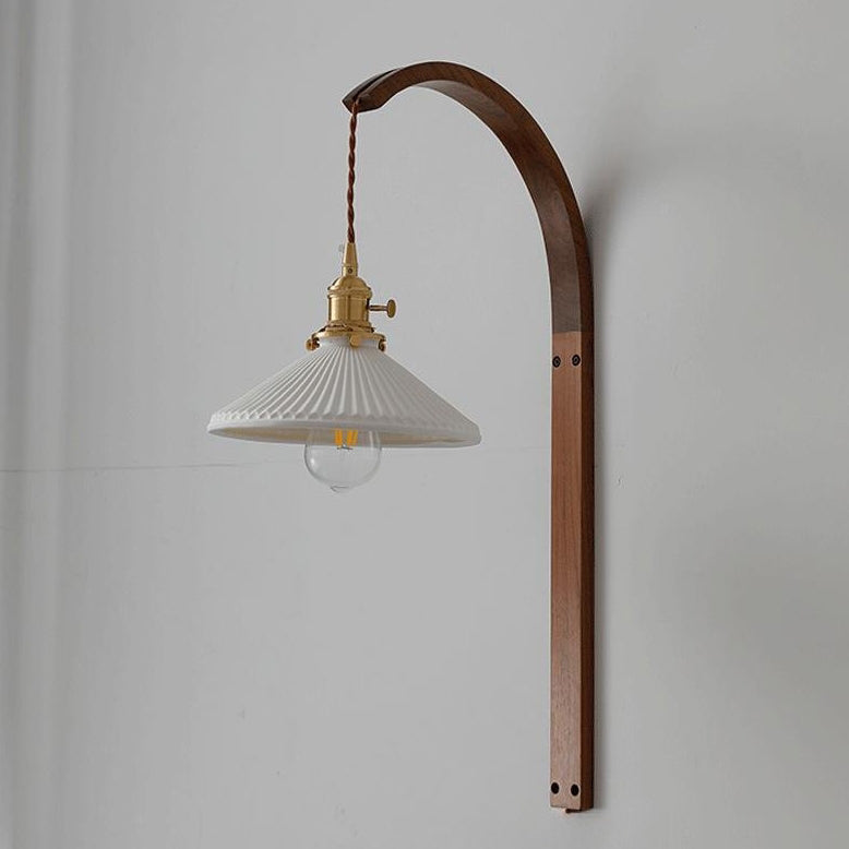 Traditional Japanese Round Ceramic Glass Shade Wood Curved Pole 1-Light Wall Sconce Lamp For Living Room