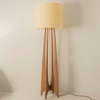 Traditional Chinese Wood Fabric Cylinder 1-Light Standing Floor Lamp For Living Room