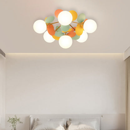 Contemporary Nordic Iron Acrylic Glass Flower Branch Round Ball 4/6/8 Light Semi-Flush Mount Ceiling Light For Living Room