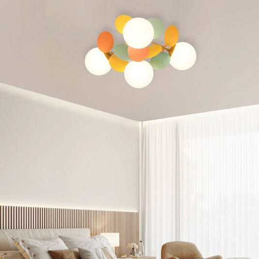 Contemporary Nordic Iron Acrylic Glass Flower Branch Round Ball 4/6/8 Light Semi-Flush Mount Ceiling Light For Living Room
