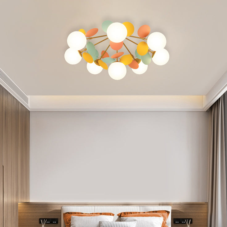 Contemporary Nordic Iron Acrylic Glass Flower Branch Round Ball 4/6/8 Light Semi-Flush Mount Ceiling Light For Living Room