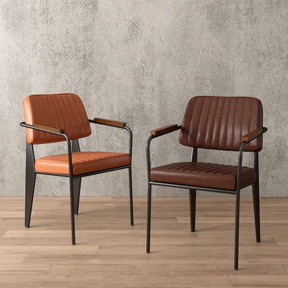 Contemporary Industrial Oil wax Leather Metal Sponge Wood Square Vertical Stripe Dining Chair Backrest Armrest For Dining Room