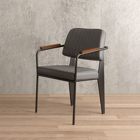 Contemporary Industrial Oil wax Leather Metal Sponge Wood Square Vertical Stripe Dining Chair Backrest Armrest For Dining Room