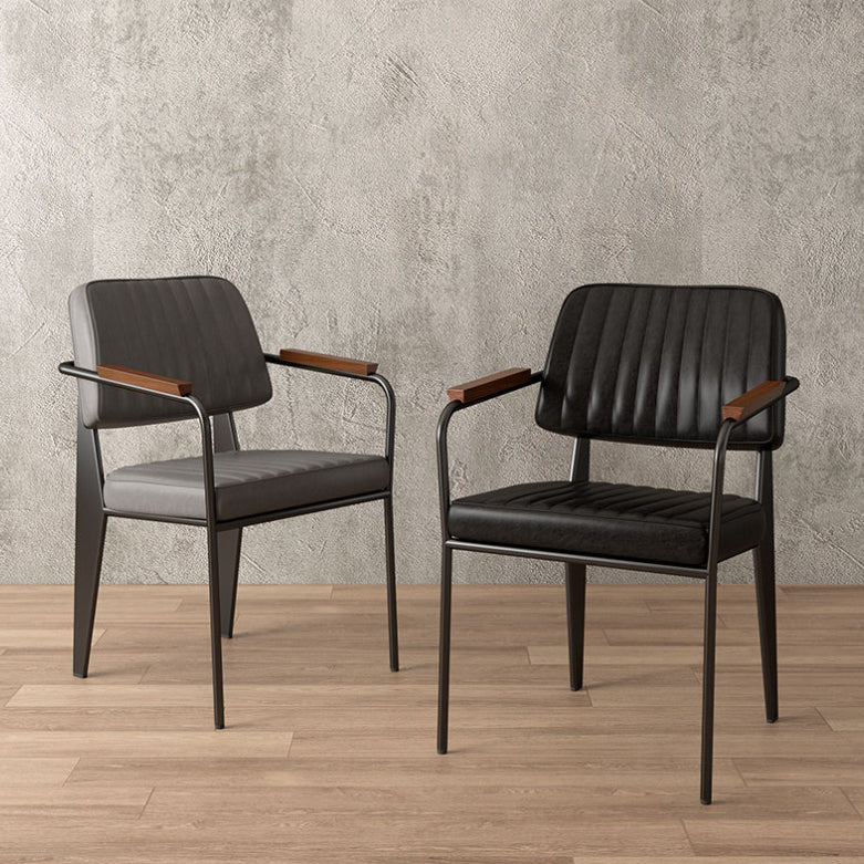 Contemporary Industrial Oil wax Leather Metal Sponge Wood Square Vertical Stripe Dining Chair Backrest Armrest For Dining Room
