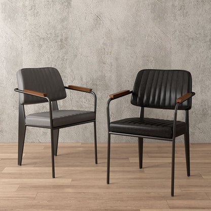 Contemporary Industrial Oil wax Leather Metal Sponge Wood Square Vertical Stripe Dining Chair Backrest Armrest For Dining Room