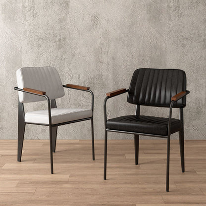 Contemporary Industrial Oil wax Leather Metal Sponge Wood Square Vertical Stripe Dining Chair Backrest Armrest For Dining Room