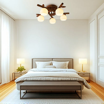 Traditional Japanese Round Fan Wood Glass 3/5/8 Light Semi-Flush Mount Ceiling Light For Living Room