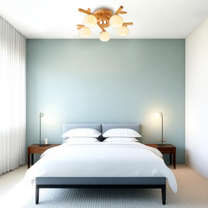 Traditional Japanese Round Fan Wood Glass 3/5/8 Light Semi-Flush Mount Ceiling Light For Living Room