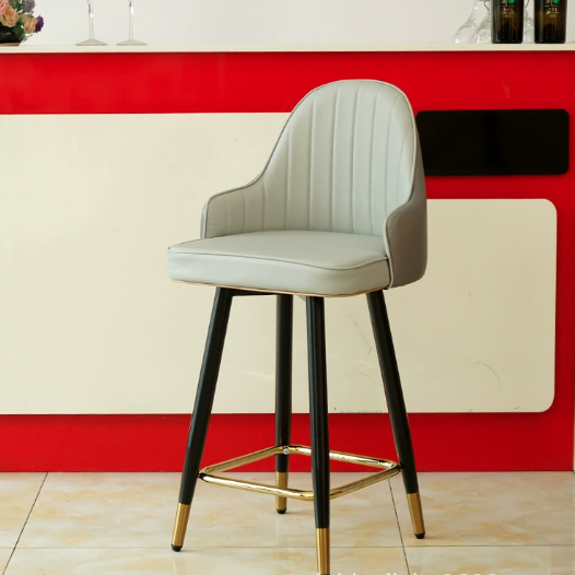 Contemporary Luxury Curved Faux Nappa Leather Seat Metal Bar Stool Backrest Footrest For Dining Room