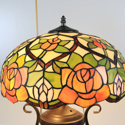 Tiffany European Vintage Floral Stained Glass Round Pot 3-Light Table Lamp