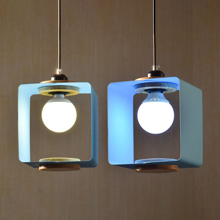 Nordic Creative Iron Solid Wood Square Geometry 1-Light Pendant Light