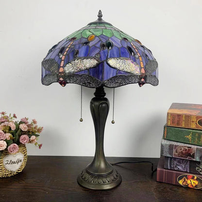 Traditional Tiffany Umbrella Flower Dragonfly Alloy Stained Glass 2-Light Table Lamp For Bedroom