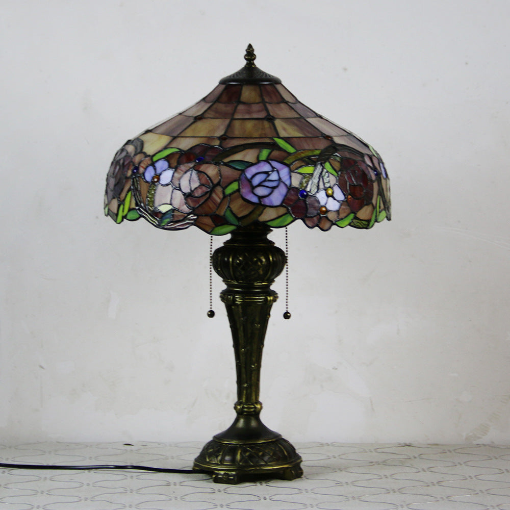 Traditional Tiffany Resin Glass Dome Hemispheric Flower 2-Light Table Lamp For Bedside