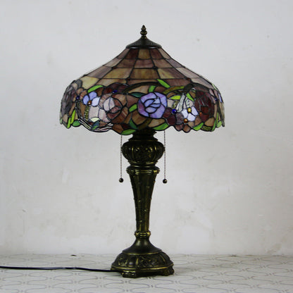 Traditional Tiffany Resin Glass Dome Hemispheric Flower 2-Light Table Lamp For Bedside