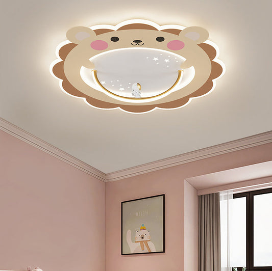 Modern Art Deco Kids Aluminum Acrylic Penguin Panda Lion Sheep Round LED Flush Mount Ceiling Light For Bedroom