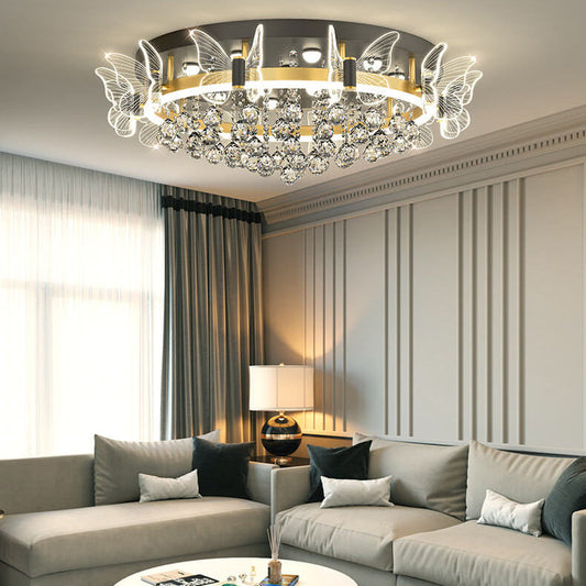 Modern Luxury Radiant Crystal Strings Butterfly Embellishment Round Shade LED Flush Mount Ceiling Light For Living Room