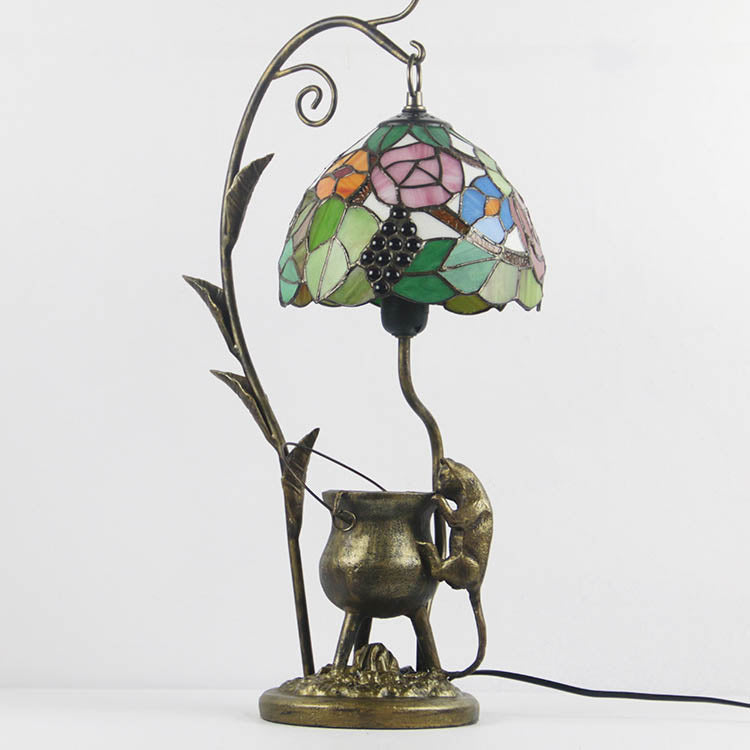 Traditional Tiffany Mouse Flower Resin Stained Glass 1-Light Table Lamp For Bedroom