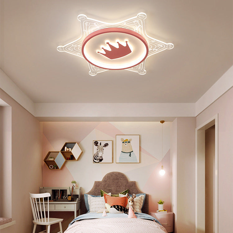 Modern Art Deco Crown Round Pentagon Acrylic Iron LED Flush Mount Ceiling Light For Living Room