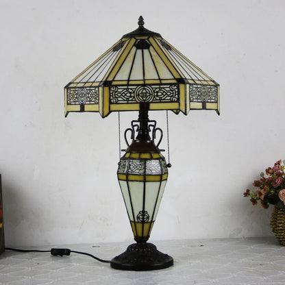 European Tiffany Stained Glass Hexagonal Dome Pull Cord 2-Light Table Lamp